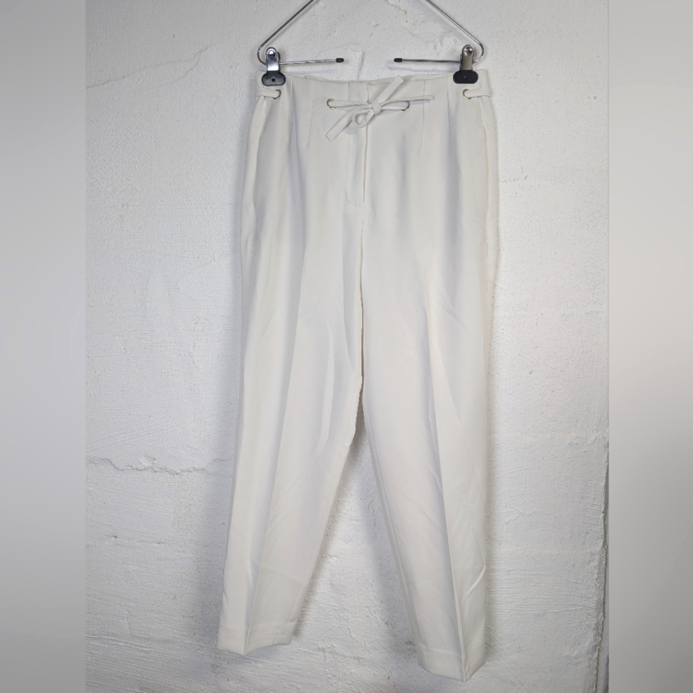 WHBM High Waist Trousers Womens 6 White Tapered Ankle Tie Bow Office Stretch